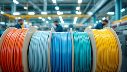 Close-up of colorful wire spools arranged symmetrically in a modern factory with workers blurred in background.
