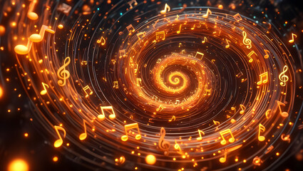 3D swirl of golden music notes creating a magical atmosphere in a universe of sound and rhythm