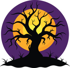 Haunted Tree Silhouette with Sunset Background