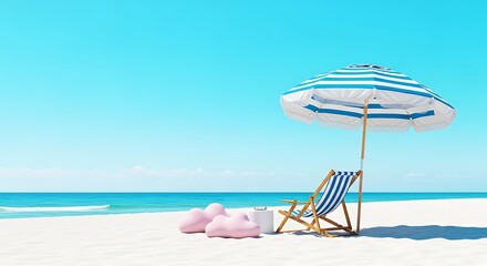 Obraz premium Beach scene with umbrella chair and pink cloud seats