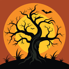 Haunted Tree Silhouette with Sunset Background