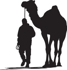 Man leading camel silhouette on white background