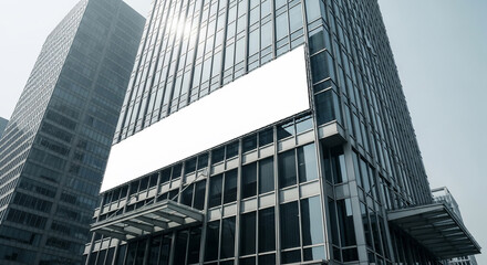 Naklejka premium Modern Skyscraper Facade with Blank White Billboard