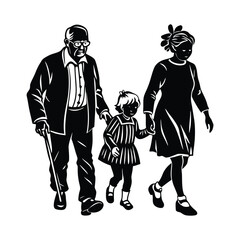 grandparents walking with granddaughter vector silhouette