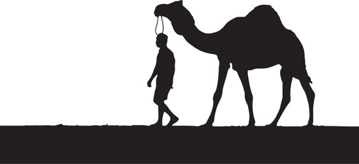 Man leading camel silhouette on white background