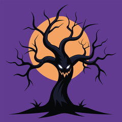 Scary Halloween Tree with Evil Face vector, Illustration.