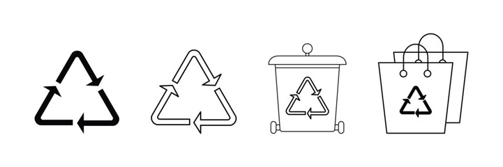 Recycle symbol icon set with triangle arrows on bin and bag in flat minimal outline style vector illustration for eco design.