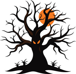 Scary Halloween Tree with Evil Face vector, Illustration.