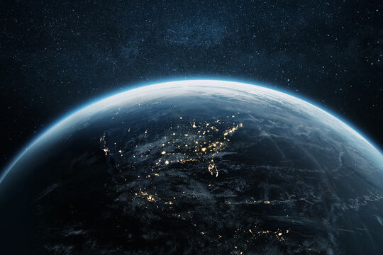 Earth from space at night showing the glowing city lights of North America, highlighting urban areas, technology, and the beauty of our planet in the vast cosmos.  Great for science themes. USA