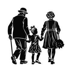 grandparents walking with granddaughter vector silhouette