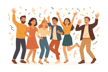 Obraz premium A group of happy friends man and woman smiling, dancing, celebrating joyfully, surrounded by colorful streamers and confetti. Birthday party. Vector flat illustration