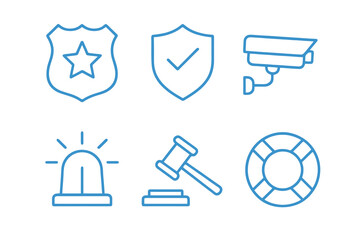 Fototapeta premium Blue thin line icons for security and public safety including shield, siren, and CCTV. Perfect for civic apps and safety awareness campaigns.