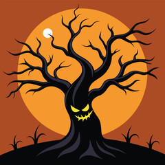 Scary Halloween Tree with Evil Face vector, Illustration.