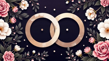 Wedding rings with floral decorations on dark background  