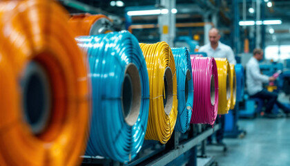 Close-up of colorful wire spools arranged symmetrically in a modern factory with workers blurred in background.
