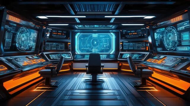 Futuristic Control Room with Neon Lights, Advanced Technology, and High-Tech Displays in Science Fiction Setting 4k video footage