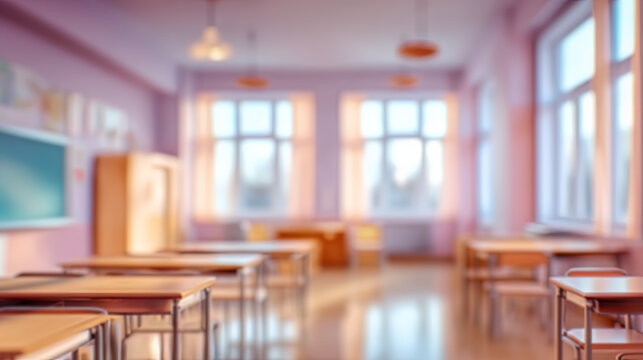 Blur Background of Peaceful empty classroom interior with soft pastel color and warm sunlight. Wooden desk and chair create nostalgic learning environment with blurred bokeh background