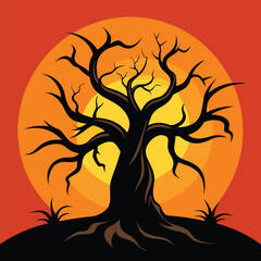 Haunted Tree Silhouette with Sunset Background