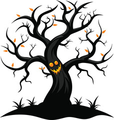 Scary Halloween Tree with Evil Face vector, Illustration.