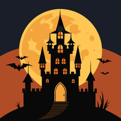 Haunted Castle with Full Moon and Flying Bats.