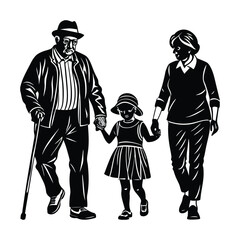 grandparents walking with granddaughter vector silhouette