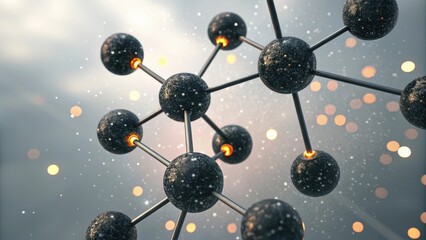 Abstract molecular structure with glowing orbs and bokeh lights
