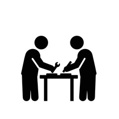 Fototapeta premium Two men collaborating on woodworking project at workshop table 