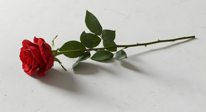 photograph of a single red rose with a long green stem and dark green leaves.