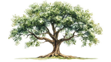 Serene Watercolor Oak Tree. Lush Green Foliage, Tranquil Mood, Isolated on Black Background.