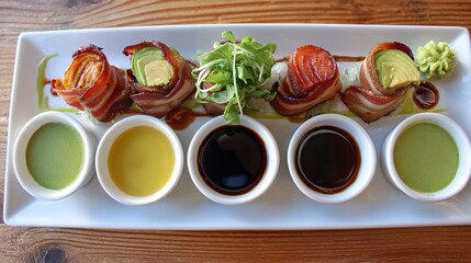 Gourmet Sushi Platter with Bacon, Avocado, and Assorted Sauces