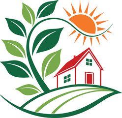 Eco House with Sun and Green Leaves Icon.