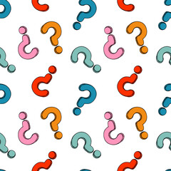 Question mark seamless pattern. Colorful outline drawings in sketch style on white background. Customer service, conversation, communication, faq help concept
