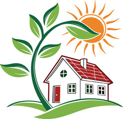 Eco House with Sun and Green Leaves Icon.