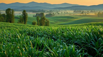 Lush green fields at sunrise with rolling hills and a serene atmosphere.