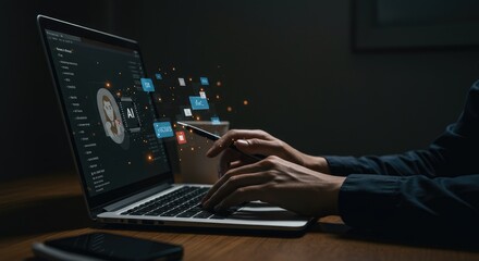 Person working on laptop with ai interface