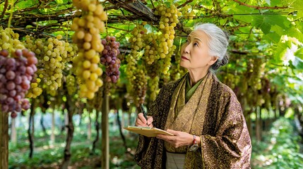 Elderly Asian woman studying grapes in a vineyard, deep in thought and observation.