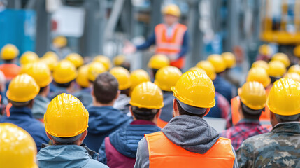 Safety Meeting: Workers in protective gear listen to speaker on the manufacturing floor, emphasizing safety and training in the industrial workplace.