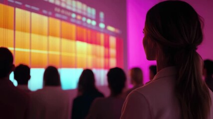 A woman at an event looking at screens displaying data, with many people gathered around. This scene suggests a professional or social gathering where technology and digital analytics are being shared - Powered by Adobe