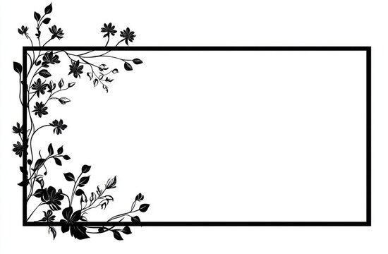 Black and white floral frame.  Rectangular empty space bordered by stylized flowers and foliage