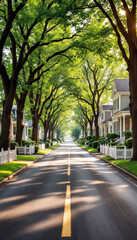 Obraz premium Wide-angle view of a pristine suburban street with tree-lined, orderly American homes and manicured lawns. 