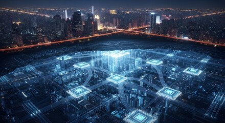 Futuristic digital city network overlay shows advanced AI technology connecting smart urban infrastructure
