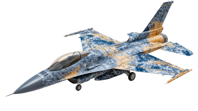 Fighter plane with digital camouflage pattern displayed isolated on a Transparent background, PNG file.