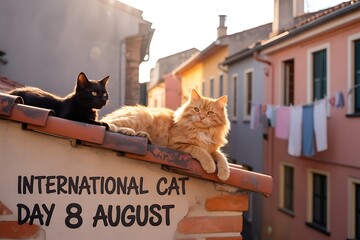 Adorable black cat and ginger cat celebrate International Cat Day on red tile rooftop in vibrant Europe