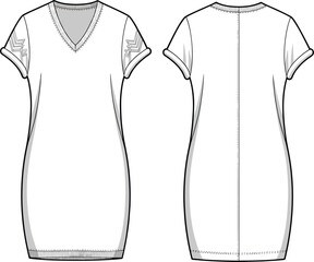 V-neck T-shirt dress, front and back view, fashion CAD drawing, flat vector illustration, garment sketch, apparel design, clothing template