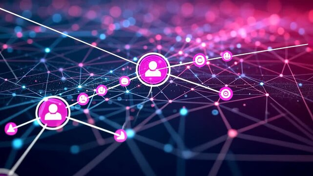 Futuristic digital network visualization with interconnected user icons and glowing data points