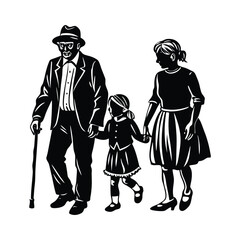 grandparents walking with granddaughter vector silhouette