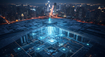 Stunning futuristic cityscape with glowing digital network connecting skyscrapers at night