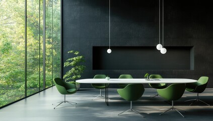 Modern conference room with large windows overlooking a lush forest