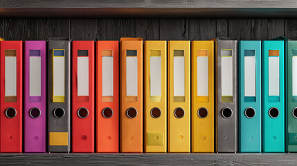 Organized collection of colorful file binders arranged neatly on a shelf.  Perfect for office, documents, and organizing concepts.