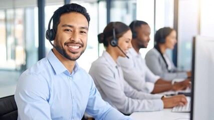 Smiling customer service representative in a modern office setting